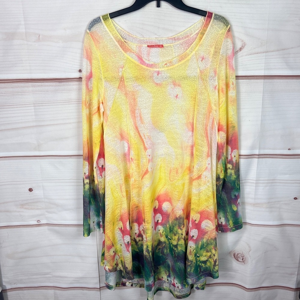 Simply Aster Firmiana Dress Womens M Yellow Printed Swing Mini Sheer Scoop Neck